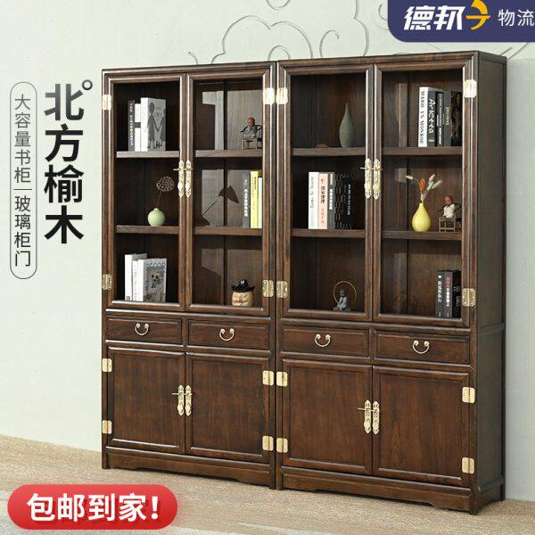玻璃定制门置物新中式博古架免漆原展示架两老榆木书柜子仿古实木
