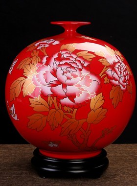 中国红色陶瓷装饰品花瓶丰富的红色天空地方I圆形纯红色瓶瓷瓶家