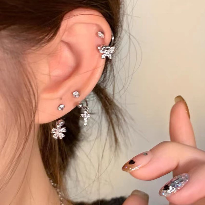 钛钢锆石耳钉养耳洞u型C马蹄耳骨钉螺丝拧扣耳饰女