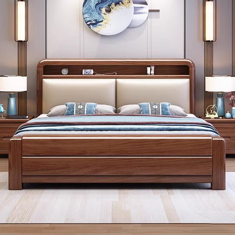 胡桃木实木床现代简n约家用主卧室1米8双人大床1米5单人软靠大婚