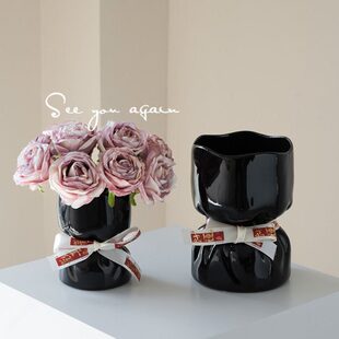 法式中古陶瓷花瓶花束黑色高级感创意简约客厅插花桌面装饰品摆件