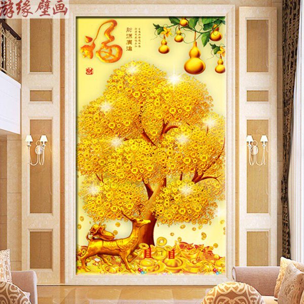 3D立体发财树玄关背景墙壁纸8D墙纸餐厅走廊过道壁画摇钱树鹿墙布