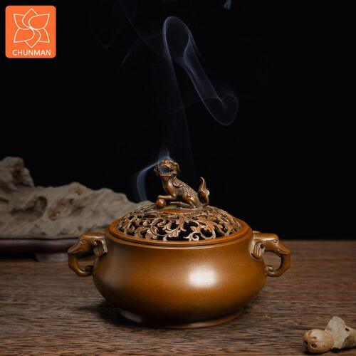 庆松堂苏工铜炉名家胡庆松制狮钮象耳熏炉复古紫铜炉线香盘香熏香