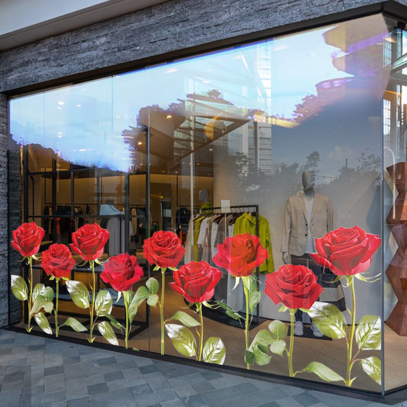 520情人节装饰布置橱窗贴纸玫瑰花商店黄金珠宝店铺玻璃门静电贴