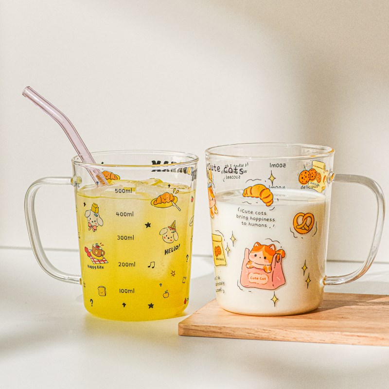 卡通刻度牛奶杯高硼硅玻璃耐高温水杯家用高颜值微波炉可加热水杯