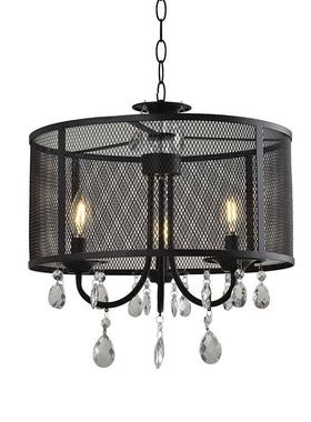 美式乡村复古黑色网格灯罩铁艺水晶吊灯餐厅卧室客厅LED灯