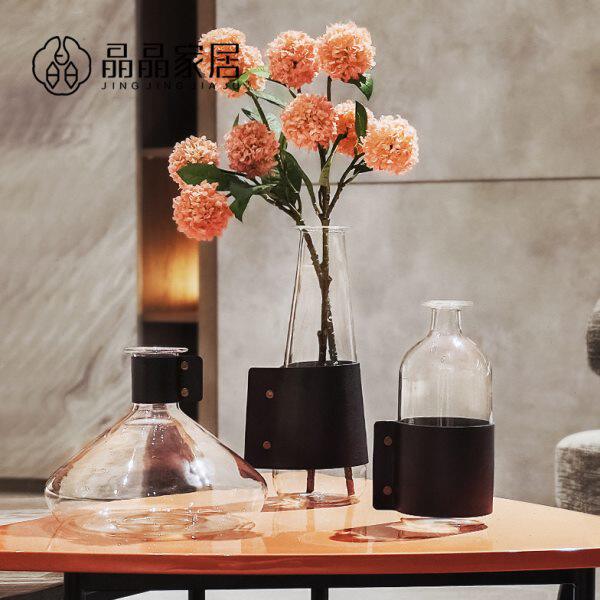 轻奢现代透明皮革创意玻璃花器样板卧室梳妆台卫生间花器软装花瓶