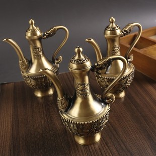 黄铜龙凤呈祥酒壶铜工艺品摆件纯铜百福餐厅酒壶宴会家居复古铜器