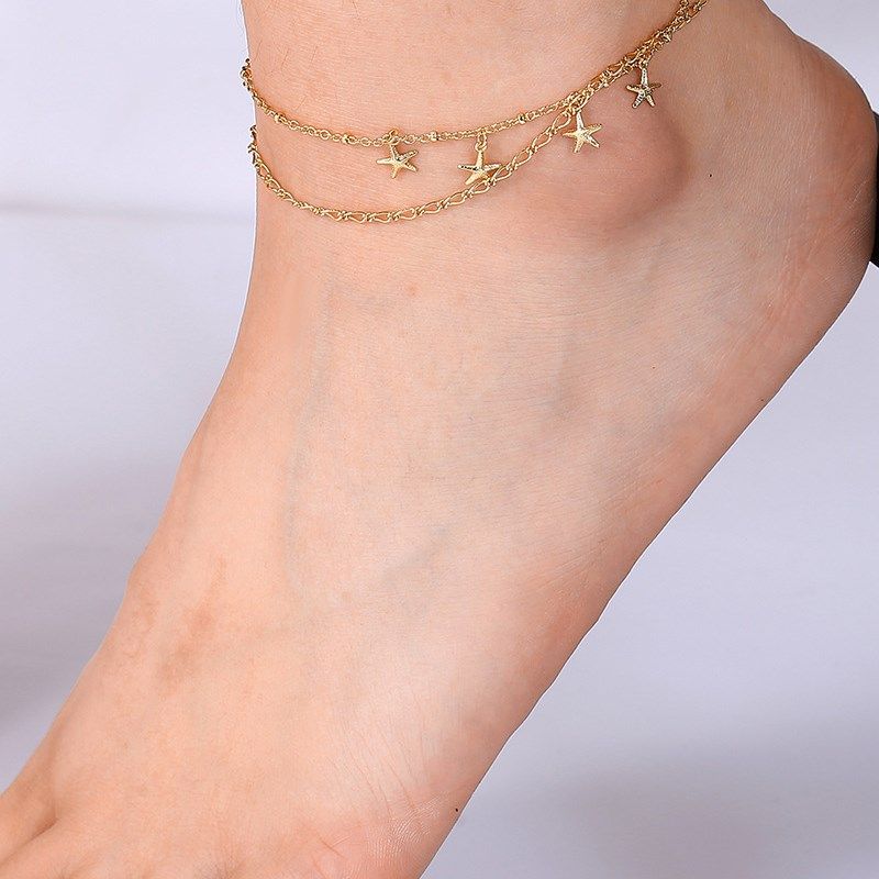 A0014 欧美跨境饰品海星流苏链条简约设计百搭脚链女黄铜镀金脚饰