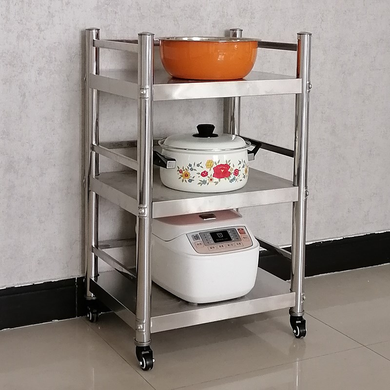带轮可移动厨房用品收纳架不锈钢三层置物架家用放锅菜电饭煲货架