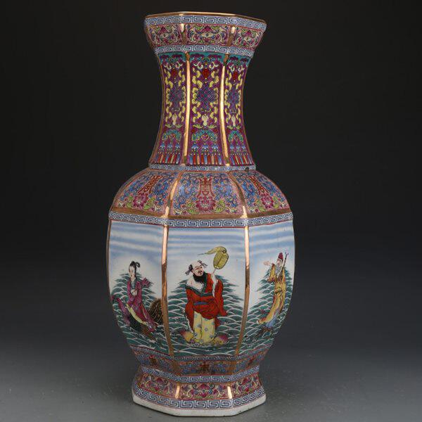 大清乾隆粉彩八仙六方瓶古董古玩收藏品彩绘花瓶老物件瓷器摆件