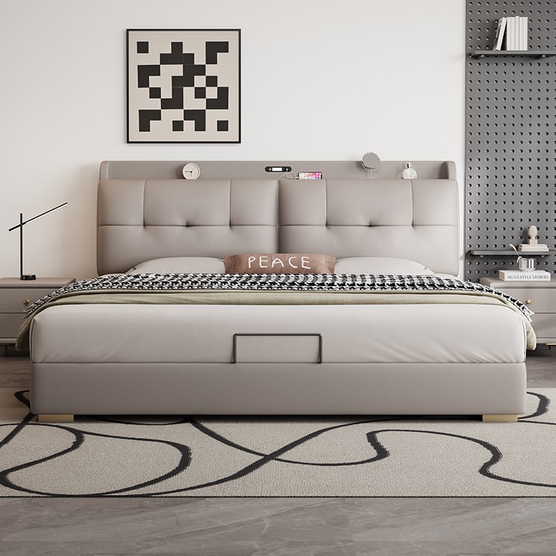 意式极简真皮床现代简约小户型多功能床头K储物软包轻奢主卧双人