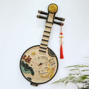 简约时钟琵琶中式创意酒店艺术钟表挂件静音壁画功能挂钟钟浮雕壁