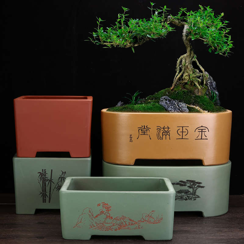 紫砂花盆粉浆精品桌面手工刻绘盆景盆大号四方P腰圆榕树老桩中国