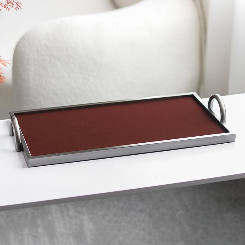 轻奢简约金属皮质双耳托盘摆件样板间书房民宿客厅桌面软装饰品