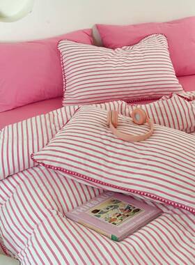 清爽粉嫩西瓜色水洗棉三角针绿色条纹四件套1.5m1.8公寓被套三件