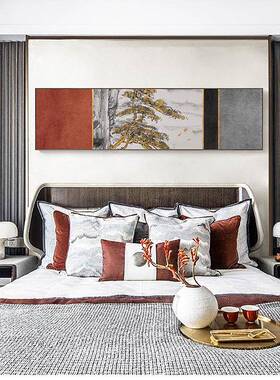 依山览云床头墙画横幅民宿中国风红色挂画轻奢新中式主卧室装饰画