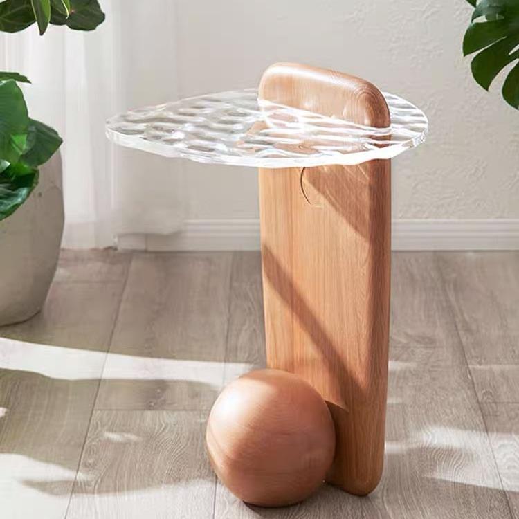 礁石边几小户型移动茶几创意轻奢实木小茶几水波纹玻璃角几高级感