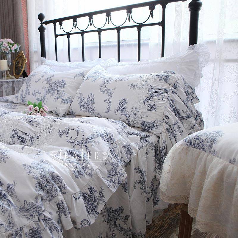 A10L法式复古欧式青花纯棉荷叶边蕾丝床裙款床上用品被套四件套