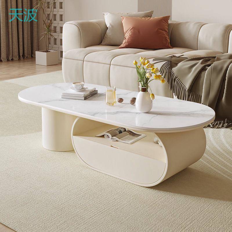 htn奶油岩板茶几客厅小户型现代轻奢椭圆形电视柜高级家用简约新