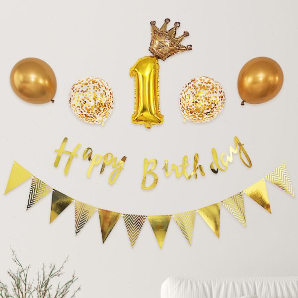 宝宝一周岁派对装饰场景布置男生女孩气球背景墙儿童生日快乐拉旗