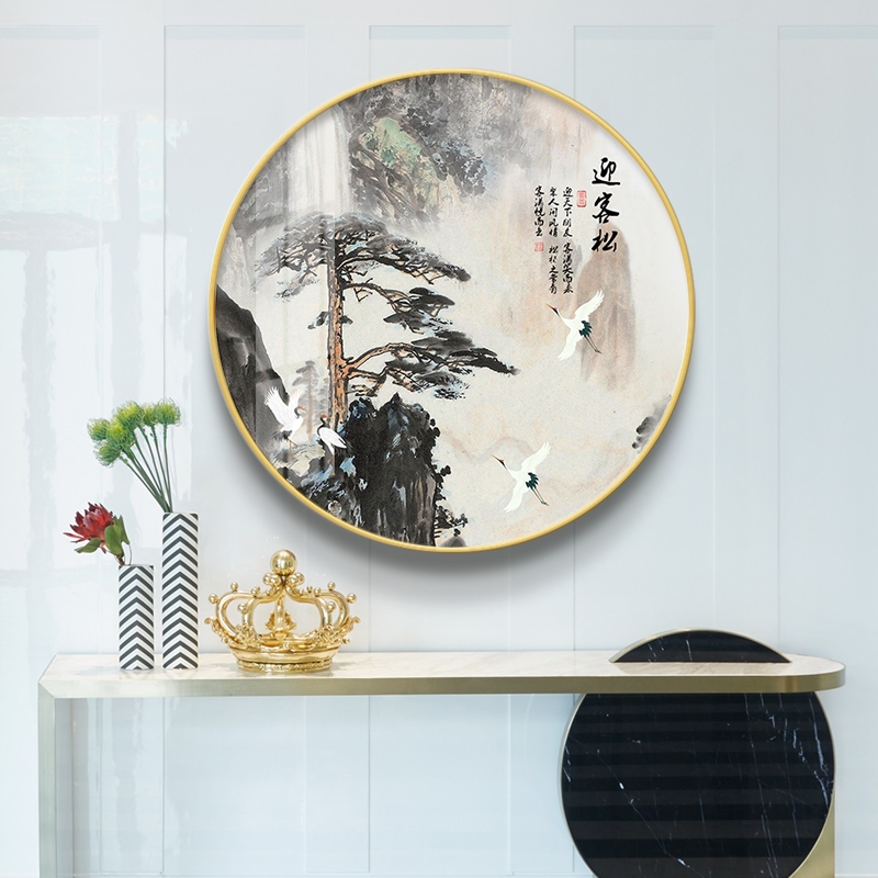 新中式圆形装饰画轻奢挂画客厅玄关餐厅壁画荷花中国风晶瓷画兰花图片