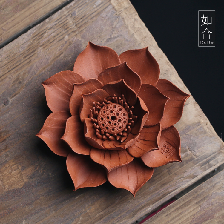 产合 潮州非g物质文化遗如纯手工朱泥莲花香插香座香炉陶瓷花摆件