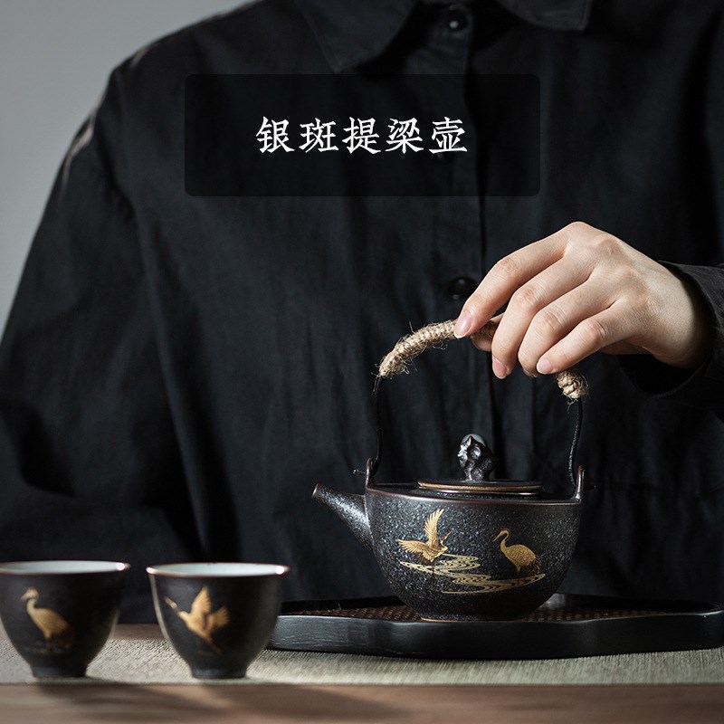 银斑提梁壶日式复古o粗陶茶壶陶瓷家用功夫茶具泡茶壶带不锈钢滤