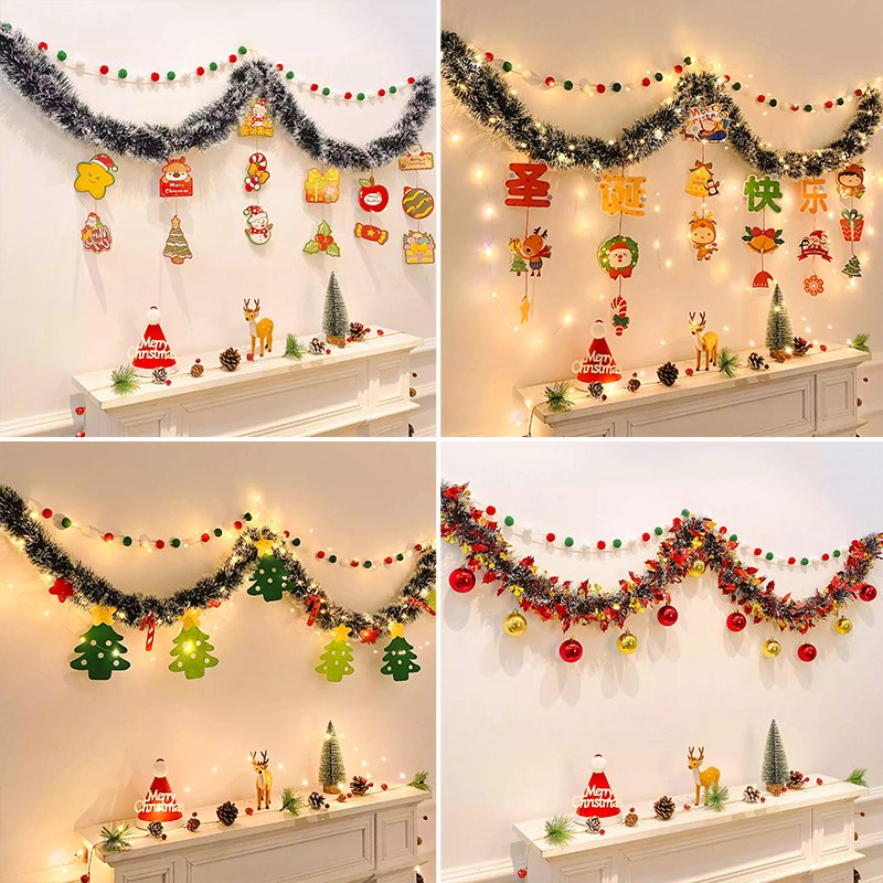 圣诞节墙面装T饰品毛条拉花场景布置树挂旗件学校门店橱窗派对背