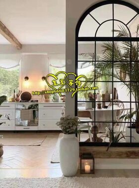 艺术玻璃屏风隔断墙客厅铁艺办公室黑色弧窗田园假壁采框圆欧式光