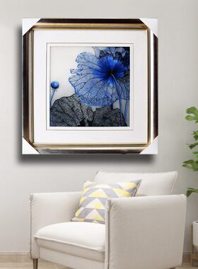 *图手工刺绣筛月装饰82蓝玄关荷叶顾氏82过道挂画荷花客厅沙发