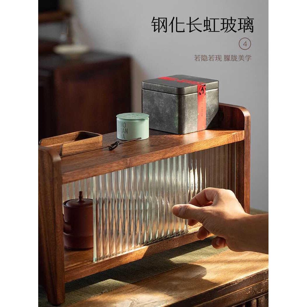 胡桃木收纳玻璃柜家用客厅实木置物架桌面收纳柜木制收纳柜用品