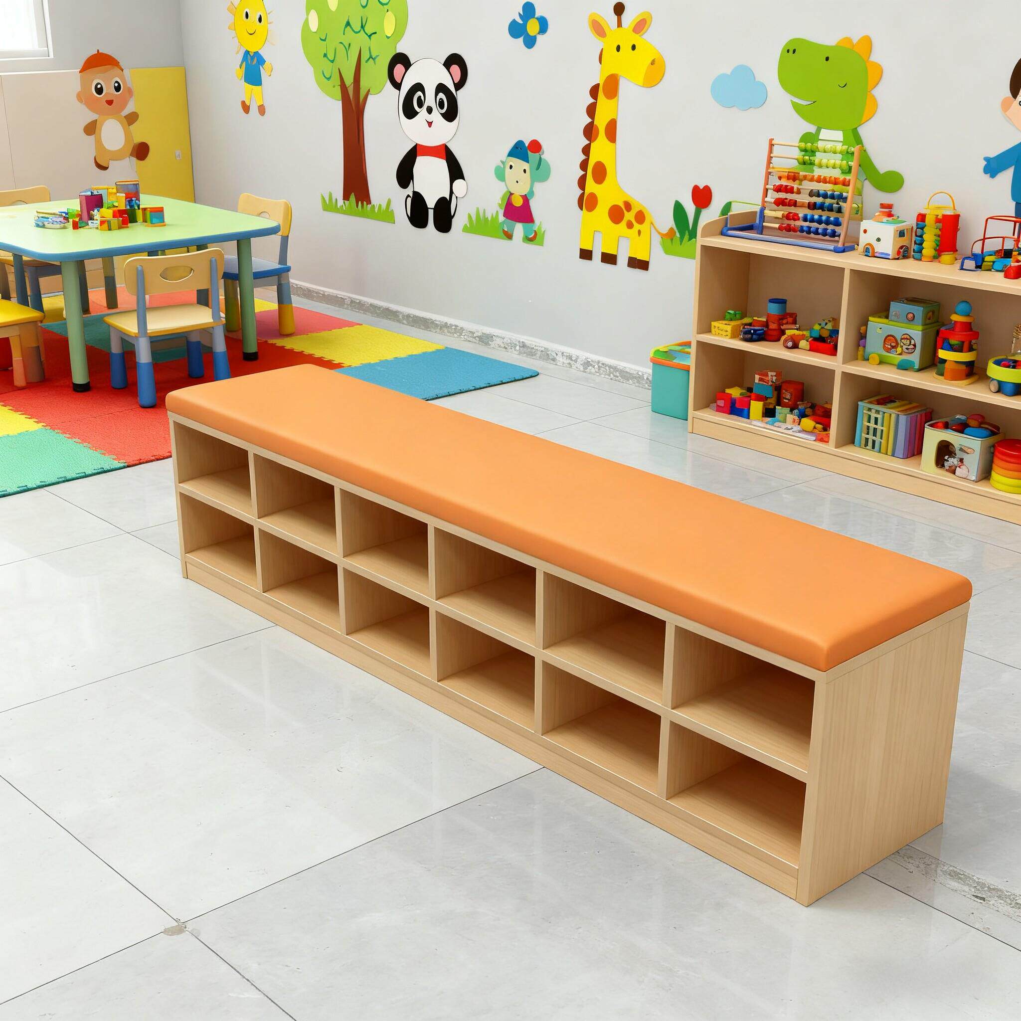 幼儿园可坐式放鞋柜培训机构儿童单层软包放鞋凳跆拳道早教书包柜