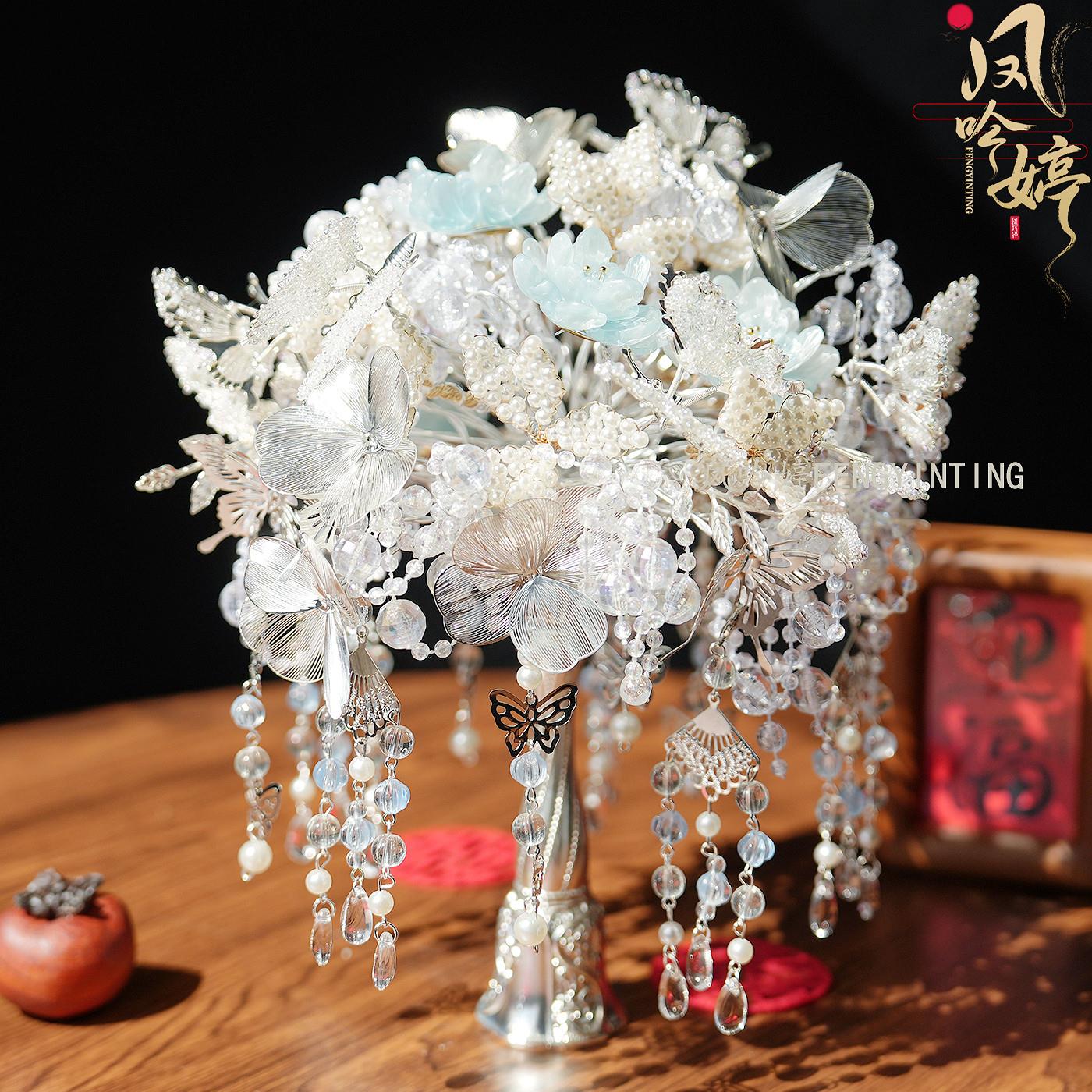 银蓝色手捧花新娘结婚diy礼物婚礼权杖高级婚纱新婚材料手工闺蜜