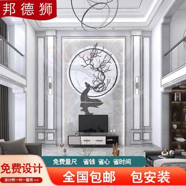 法式简欧式复式楼电视背景墙岩板挑空别墅客厅瓷砖罗马柱仿大理石