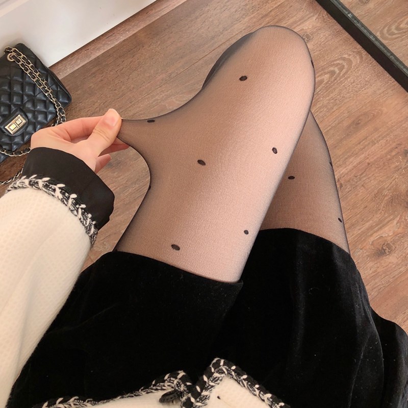 JK黑色波点丝袜女秋冬加绒加厚黑丝光腿神器假透肉打底裤袜连裤袜