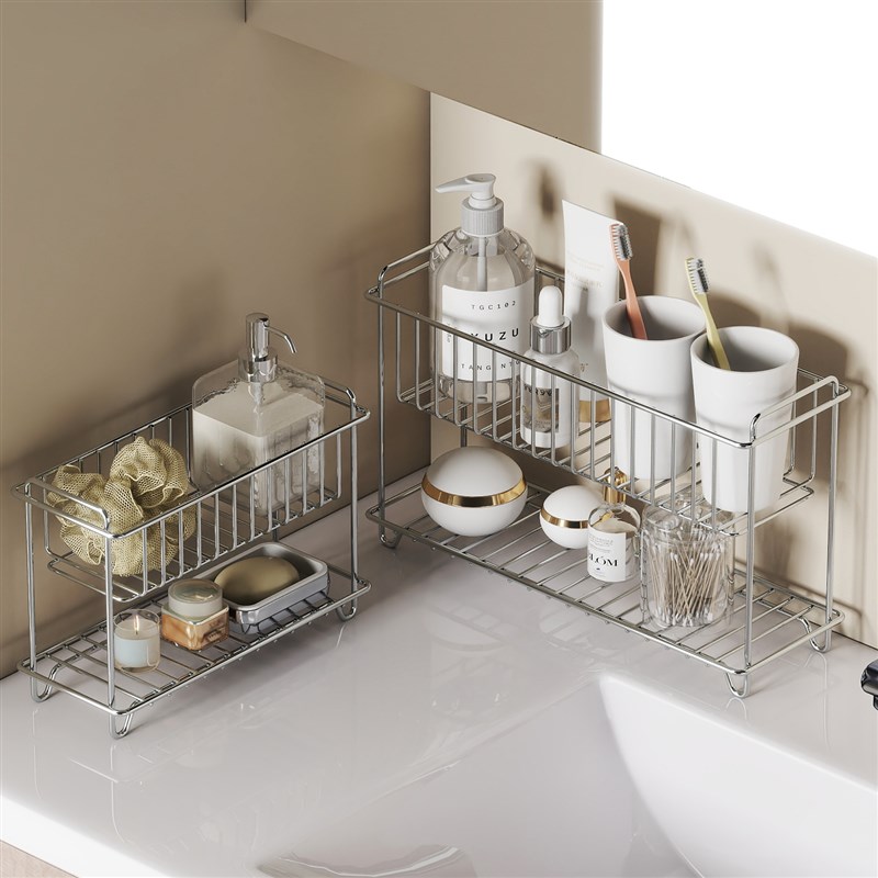 不锈钢双层置物架卫生间台面沥水架浴室护肤品厨房调料水杯收纳篮