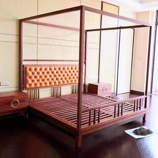 新中式架子床刺猬紫檀红木卧室真皮软靠大床花梨木拔步床实木婚床