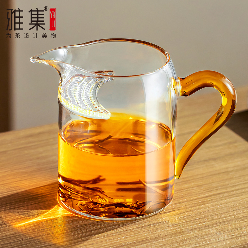 雅集月牙茶隔玻璃公道杯q办公家用过滤茶杯泡茶杯琥珀把手400ml