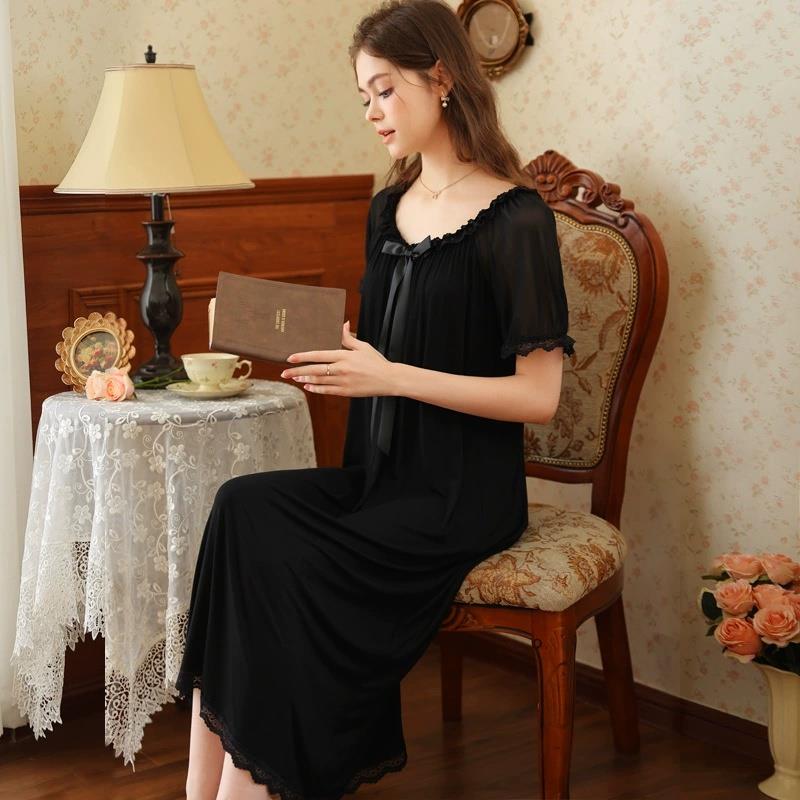 短袖睡裙宫廷风薄款公主法式复古长裙莫代尔宽松圆领新夏天睡衣女