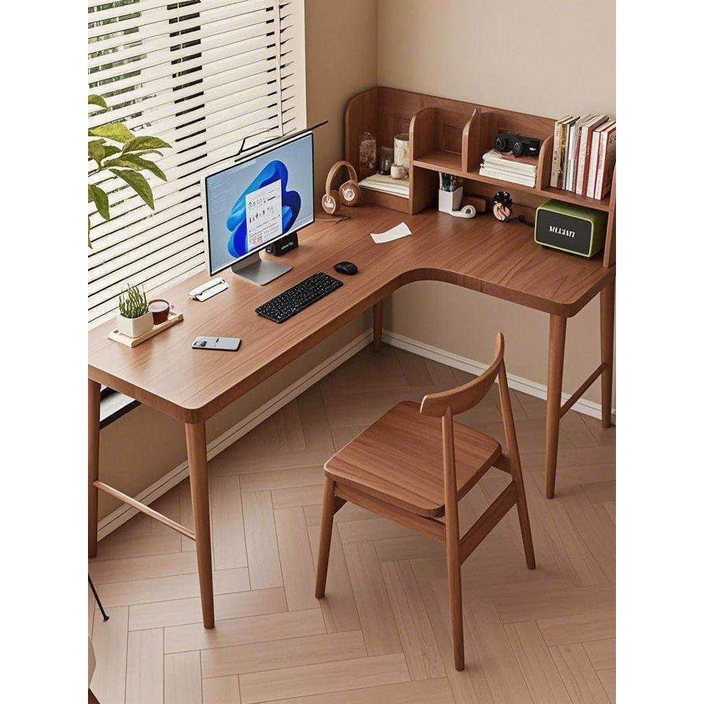 实木转角书桌家用学生学习桌定制卧室电脑桌书架一体桌办公写字桌