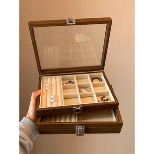 新核桃首饰盒妇女便携式大容量手珠宝戒指项炼耳环小实木收纳盒