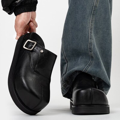 黑色厚底大头勃肯鞋男女懒人一脚蹬包头半拖鞋情侣增高德比穆勒鞋