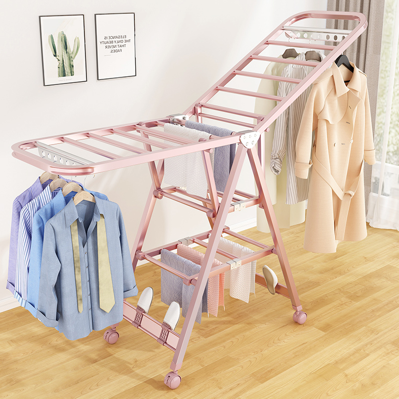 不锈钢晾b衣架落地加厚加粗可移动带滑轮简易室内阳台可折叠晒被