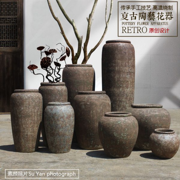 复古粗陶土做旧陶瓷花瓶落地大号花盆景观摆件禅意干支陶罐工艺品