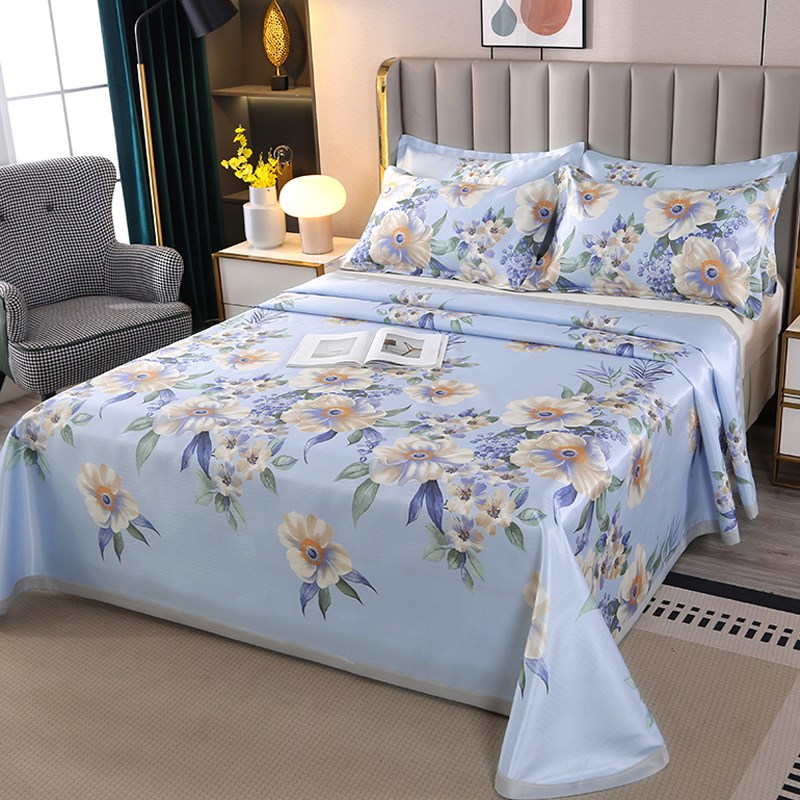 夏季提花冰丝席床单式三件套夏天凉席田园风可机水洗折叠空调软席