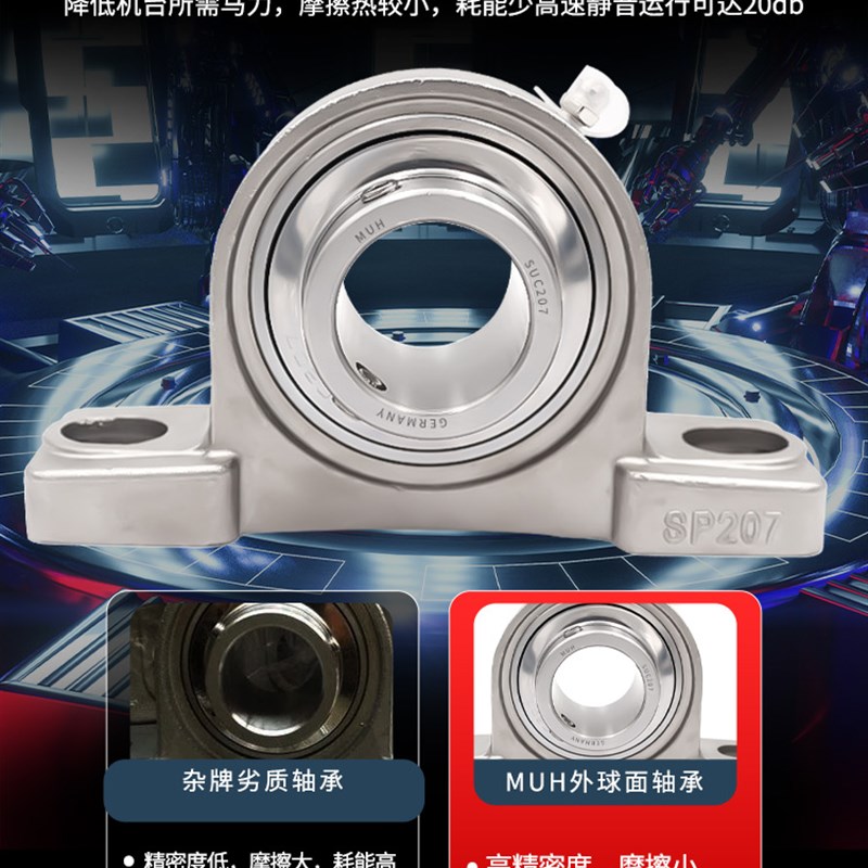 进口不锈钢外球面轴承带座SUCP204 205 206 207 208 209轴承座210