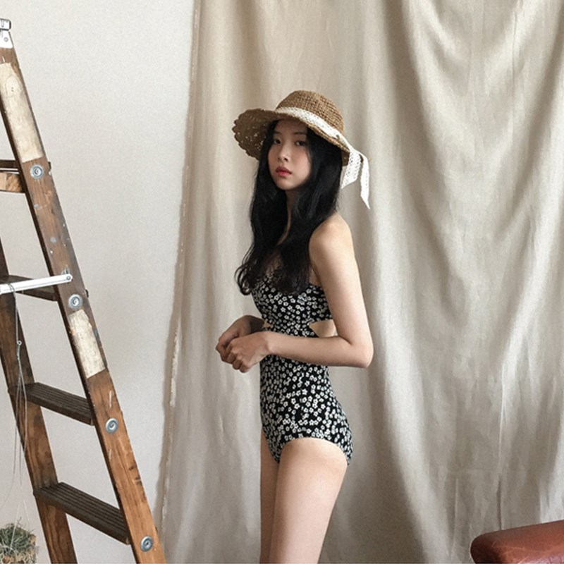 碎花清新简约印花泳装遮肚显瘦性感复古三角连体游泳衣女保守