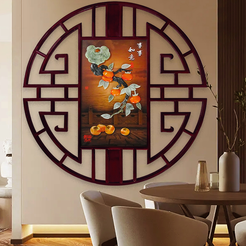 新中式圆形装饰画入户玄关五福临门餐厅实木浮雕画玉石画玉雕挂画图片