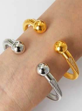 法式优雅气质冷淡风钛钢饰品几何多层线条扭转设计感钢珠开口手镯